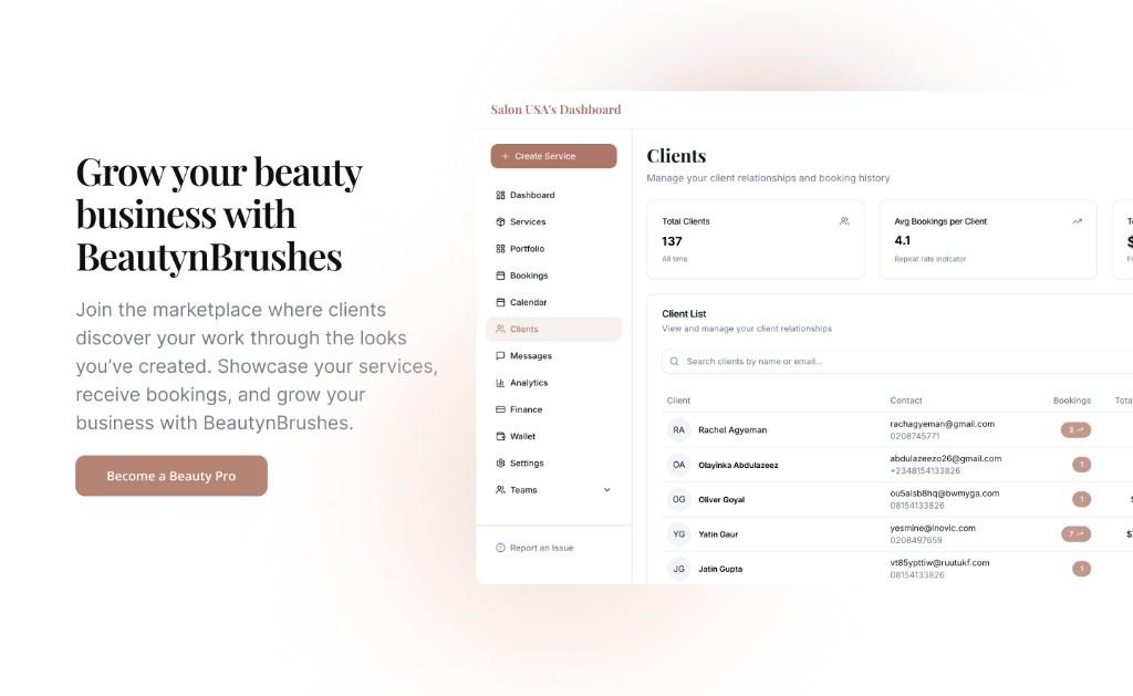 BeautynBrushes provider clients dashboard preview
